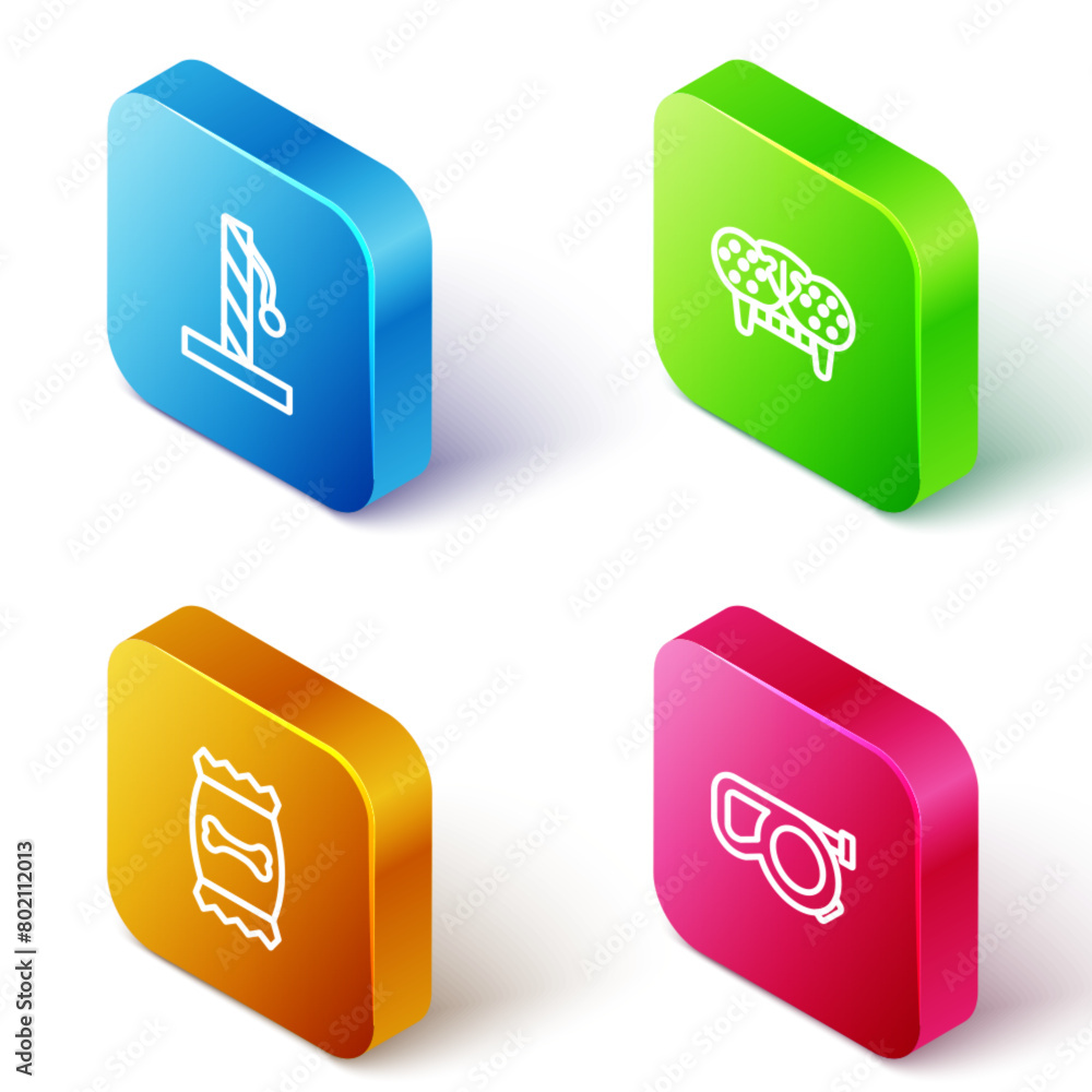 Set Isometric line Cat scratching post, tooth, Bag of food for pet and Retractable cord leash icon. Vector Set Isometric line Cat scratching post, tooth, Bag of food for pet and Retractable cord leash icon. Vector