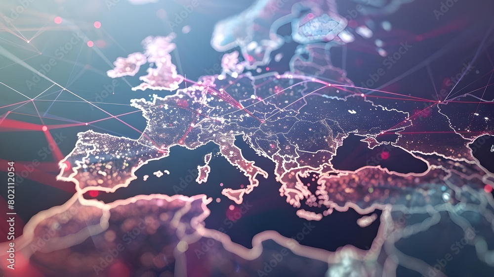 Abstract digital map of Western Europe, concept of European global network and connectivity, Abstract digital map of Western Europe, concept of European global network and connectivity,