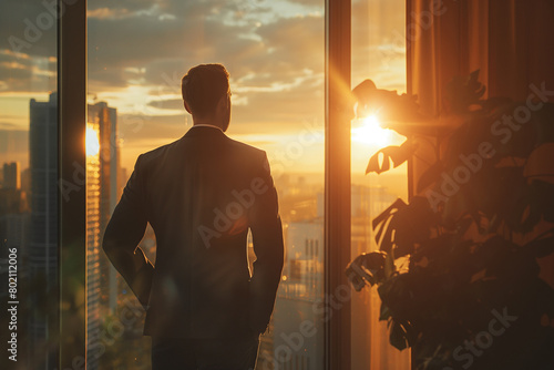 A businessman standing in front of the window, looking out at an urban skyline bathed in golden sunlight