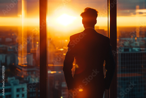 A businessman standing in front of the window, looking out at an urban skyline bathed in golden sunlight