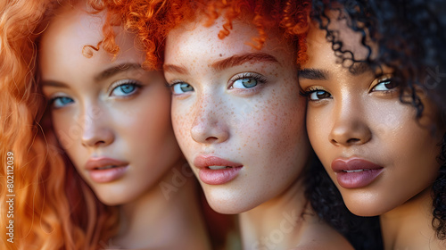 Diverse Women with Striking Hair Colors and Blue Eyes Radiate Beauty in High Portrait © Mayuree