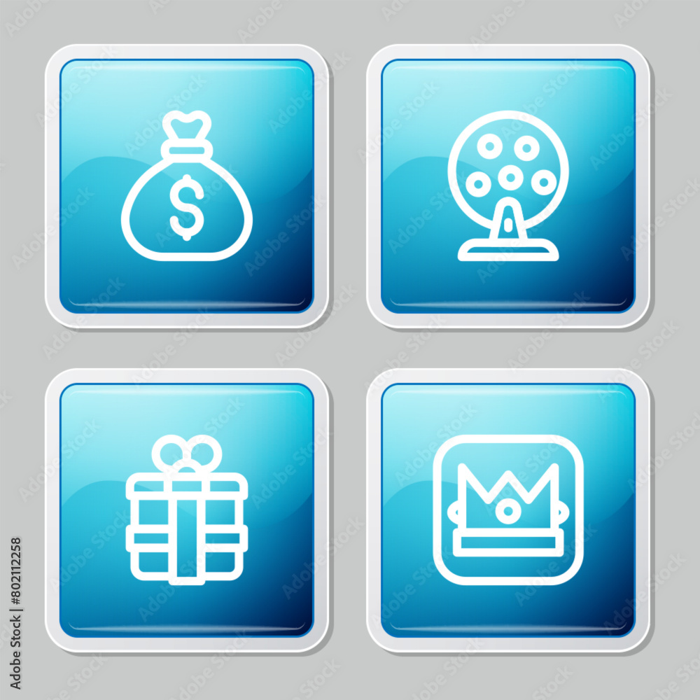Set line Money bag, Lottery machine, Gift box and King playing card icon. Vector Set line Money bag, Lottery machine, Gift box and King playing card icon. Vector