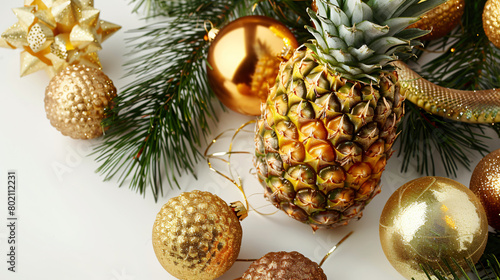 Composition with fresh pineapple Christmas balls and s photo