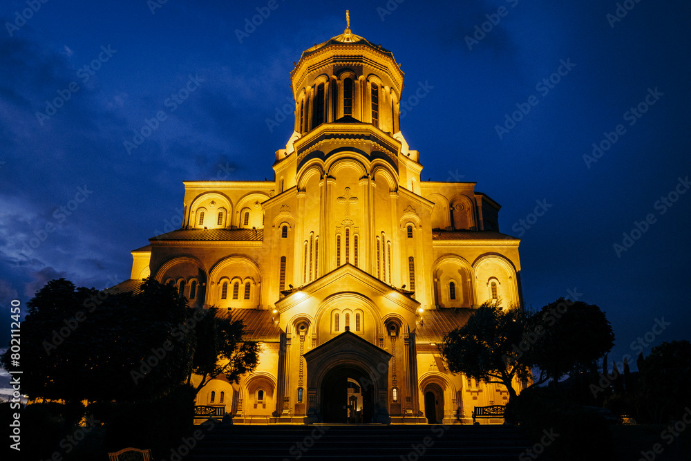 View on the Sameba cathedral and its golden dome by night in Tbilisi, Georgia View on the Sameba cathedral and its golden dome by night in Tbilisi, Georgia