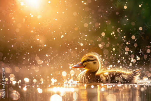 A duckling splashes in water