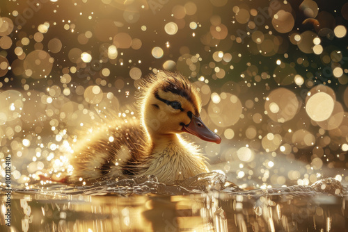 A duckling splashes in water photo