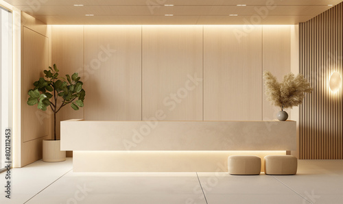 A front desk in the waiting room of an office building made from light wood with light colored walls and LED lighting on top, with a simple modern design and minimalist aesthetic