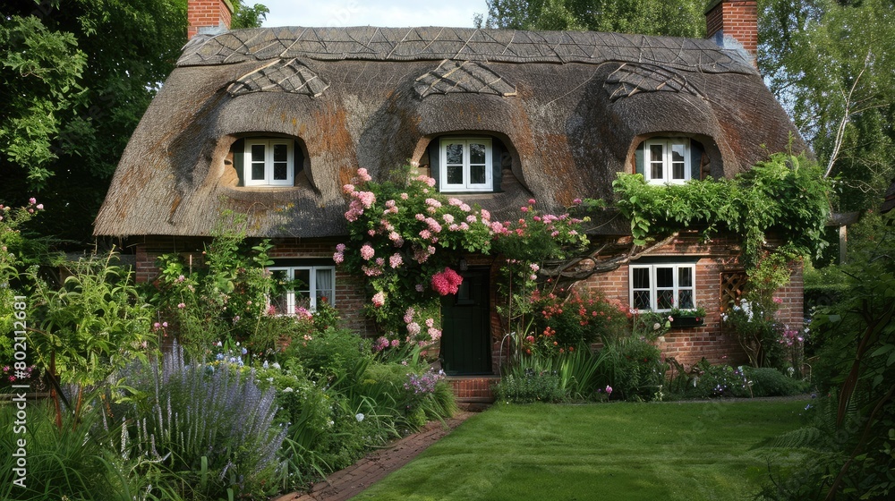 Quaint country cottage with a thatched roof and flower-filled garden, exuding charm and simplicity.