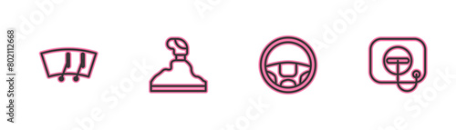 Set line Windscreen wiper, Steering wheel, Gear shifter and Oil filler cap at gas station icon. Vector