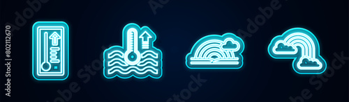 Set line Meteorology thermometer, Water, Rainbow with cloud and clouds. Glowing neon icon. Vector photo