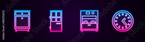 Set line Furniture nightstand, Closed door, Kitchen dishwasher machine and Clock. Glowing neon icon. Vector