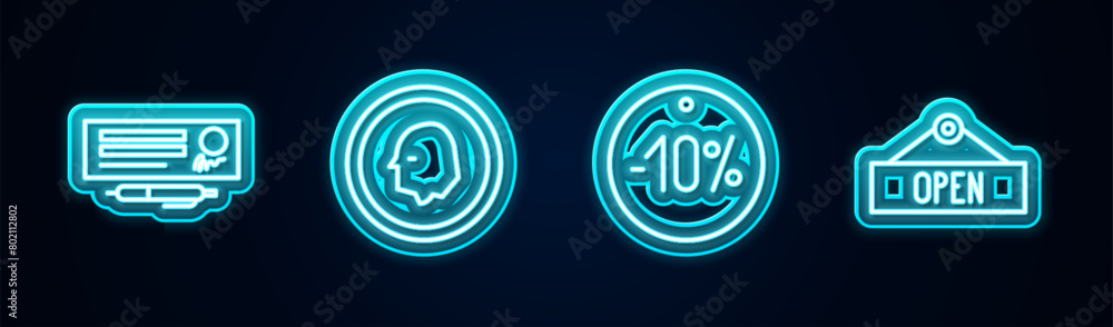 Set line Bank check and pen, Coin money, Ten discount percent tag and Hanging sign with Open. Glowing neon icon. Vector Set line Bank check and pen, Coin money, Ten discount percent tag and Hanging sign with Open. Glowing neon icon. Vector