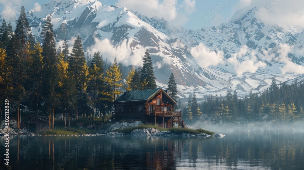 Fototapeta premium Remote mountain cabin surrounded by towering trees and snow-capped peaks, offering an escape from the hustle and bustle.
