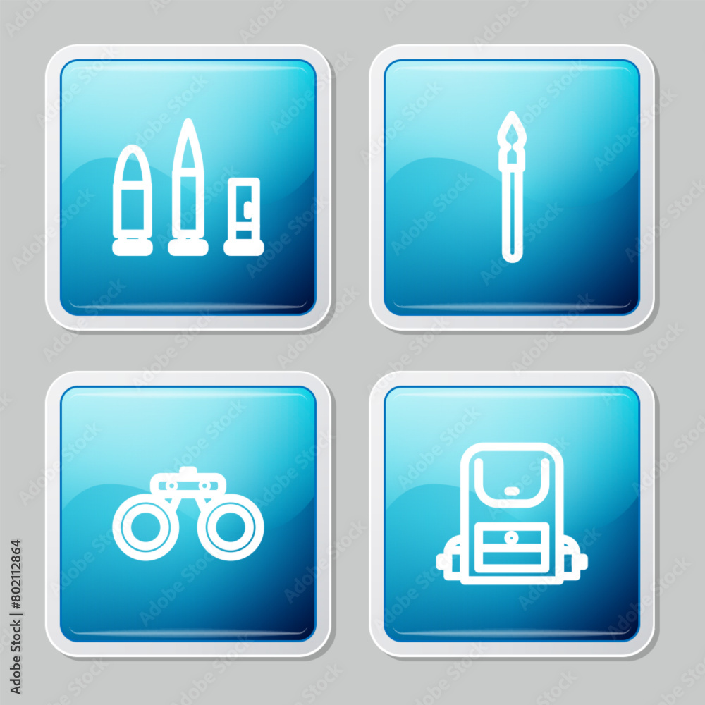 Set line Bullet and cartridge, Medieval spear, Binoculars and Hiking backpack icon. Vector Set line Bullet and cartridge, Medieval spear, Binoculars and Hiking backpack icon. Vector