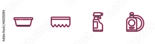 Set line Plastic basin, Spray bottle with detergent liquid, Sponge bubbles and Dishwashing and plate icon. Vector