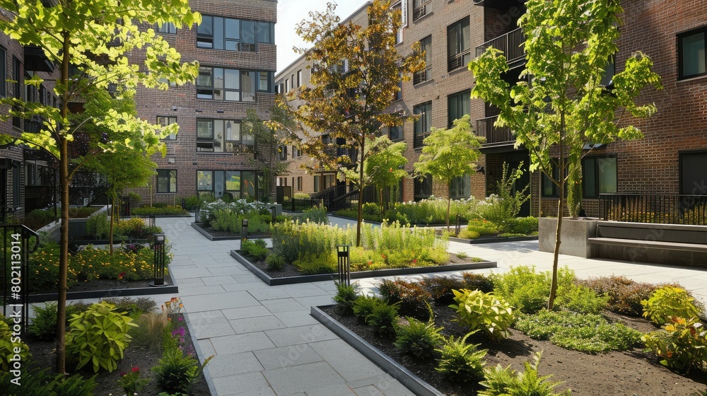 Residential building courtyard transformed into a green space with trees, shrubs, and flower beds, enhancing the community ambiance.