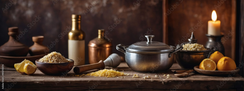 Old-world Cooking Atmosphere, Ingredients and Utensils Laid Out on Vintage Background, Top View with Free Space.