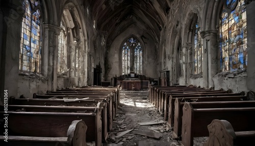 A Post Apocalyptic Church With Broken Stained Gla