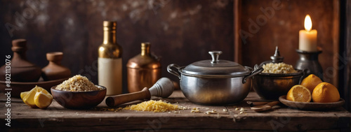 Old-world Cooking Atmosphere  Ingredients and Utensils Laid Out on Vintage Background  Top View with Free Space.