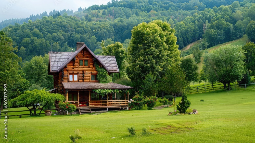 Rustic wooden house nestled in a countryside landscape, surrounded by lush greenery and rolling hills. Rustic wooden house nestled in a countryside landscape, surrounded by lush greenery and rolling hills.