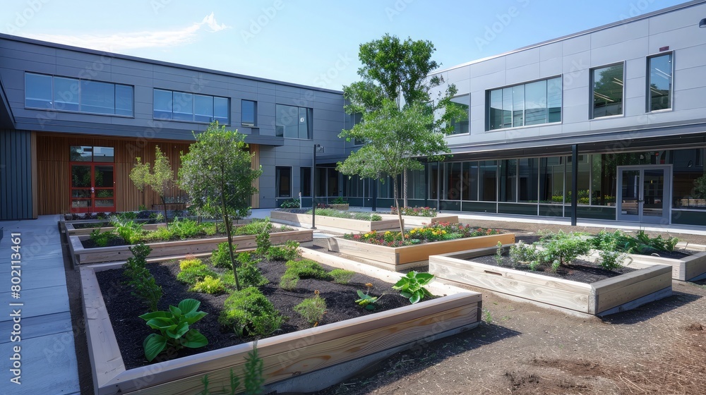 School courtyard featuring raised planters and educational gardens, promoting environmental awareness and outdoor learning.