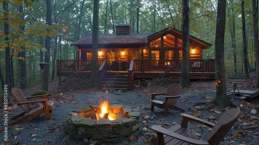 Secluded cabin in the woods with a cozy interior and outdoor fire pit, perfect for romantic getaways and retreats. Secluded cabin in the woods with a cozy interior and outdoor fire pit, perfect for romantic getaways and retreats.