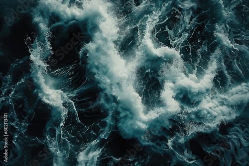 Electric blue ocean waves crashing onto shore from aerial view