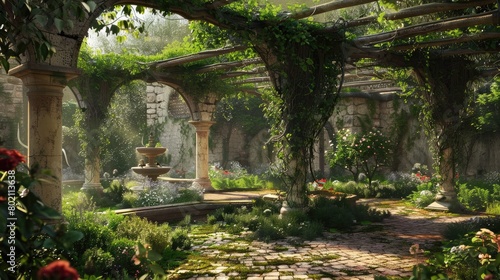 Secret garden hidden behind a vine-covered trellis  offering a secluded retreat for quiet contemplation.
