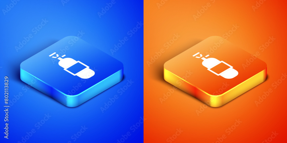 Isometric Propane gas tank icon isolated on blue and orange background. Flammable gas tank icon. Square button. Vector Isometric Propane gas tank icon isolated on blue and orange background. Flammable gas tank icon. Square button. Vector