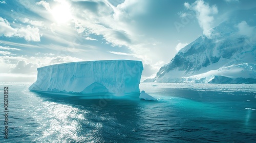 Antarctic sea iceberg floating for climate change and environmental conservation and ice melting and sea level due to ozone layer danger, wide banner poster with copyspace © LELISAT