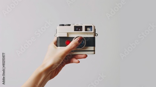 hand holding camera plain background