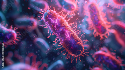 A photorealistic macro image depicting bacterial mitosis and RNA genetic manipulation, showcasing the intricate process at a microscopic level. The scene captures the dynamic nature of bacterial 