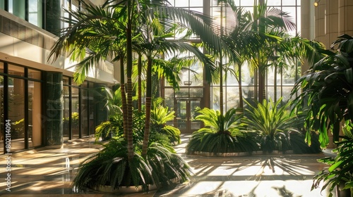 Sunlit atrium filled with tall palms and ferns, providing a serene oasis within the confines of the building.