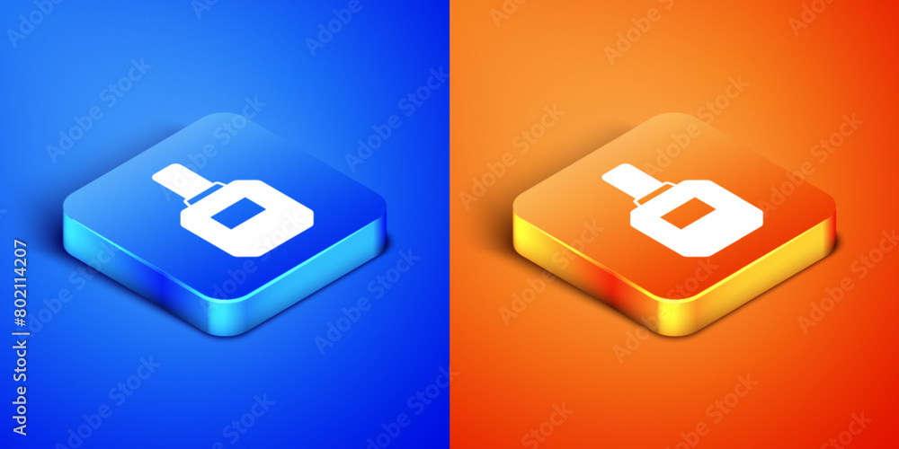 Isometric Aftershave icon isolated on blue and orange background. Cologne spray icon. Male perfume bottle. Square button. Vector Isometric Aftershave icon isolated on blue and orange background. Cologne spray icon. Male perfume bottle. Square button. Vector