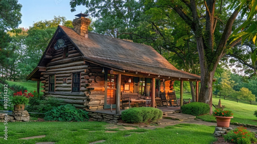 Traditional log cabin in a rural setting, featuring a cozy porch and tranquil natural surroundings.