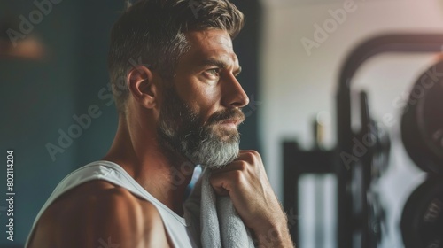 A bearded man pauses with a towel around his neck, reflecting during a break in his evening exercise routine. photo