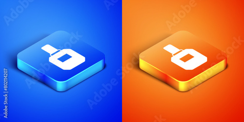 Isometric Aftershave icon isolated on blue and orange background. Cologne spray icon. Male perfume bottle. Square button. Vector