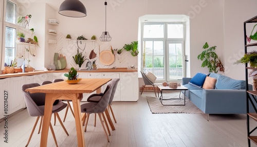 Modern Nordic Scandinavian home interior design. Bright open space living room with dinner table  kitchen furniture  chairs  decorations. Elegant apartment for rent concept