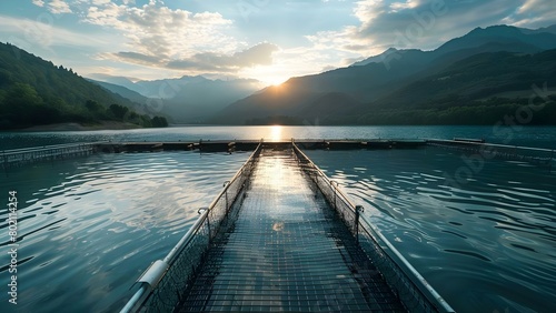 Beautiful photo of fish farm in tranquil water highlighting sustainable aquaculture. Concept Aquaculture, Fish Farming, Sustainable Practices, Tranquil Water, Beautiful Photography photo