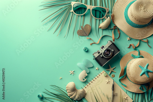 Summer vacation background image The background is a light mint color, and there are sunglass, classic camera, notes, writing tools, and summer hats photo