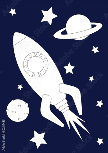 coloring book, A4 format, rocket, planets on a blue background, coloring book for children 2-3 years old