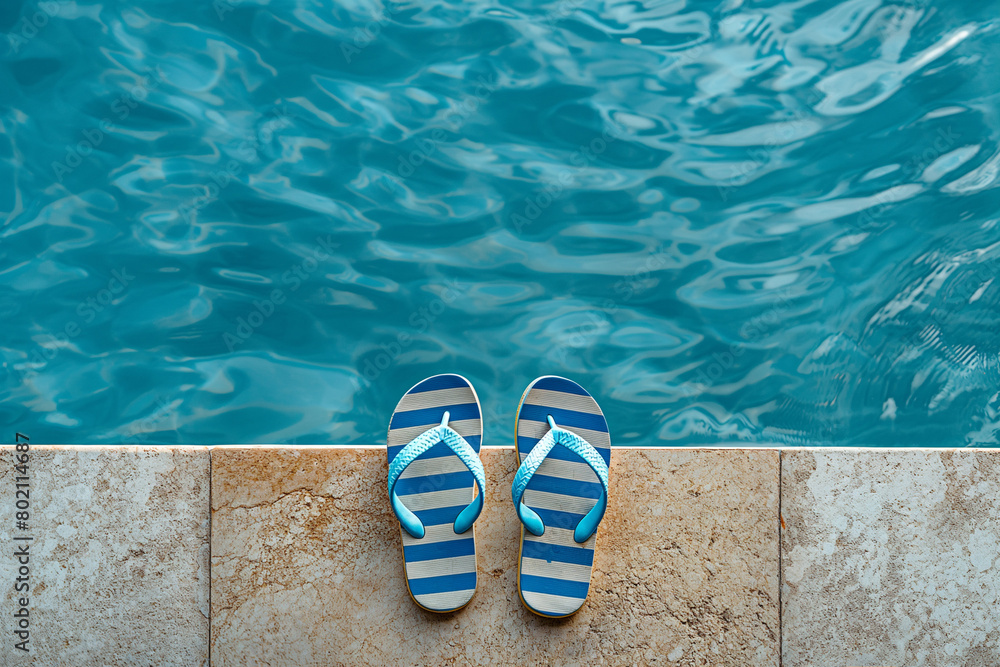 Naklejka premium Striped flipflops on the edge of an outdoor swimming pool, with blue water and beige wall in the background