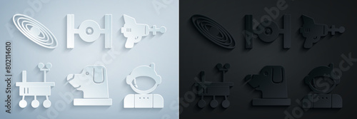 Set Dog in astronaut helmet, Ray gun, Mars rover, Astronaut, Cosmic ship and Planet icon. Vector