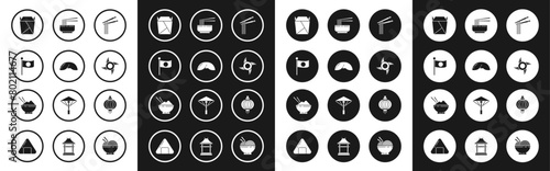 Set Asian noodles and chopsticks, Chinese fortune cookie, National flag of Japan on pole, Rstaurant opened take out box filled, Japanese ninja shuriken, bowl, paper lantern and Rice with icon. Vector