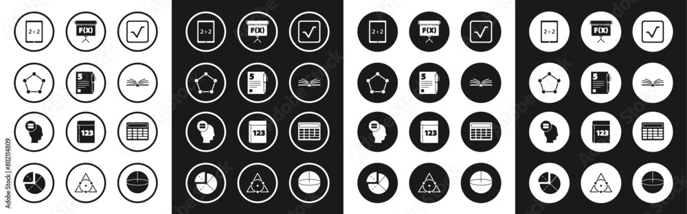 Set Square root, Test or exam sheet and pen, Geometric figure Pentagonal prism, Tablet with calculator, Open book, Chalkboard, Calculator and Calculation icon. Vector