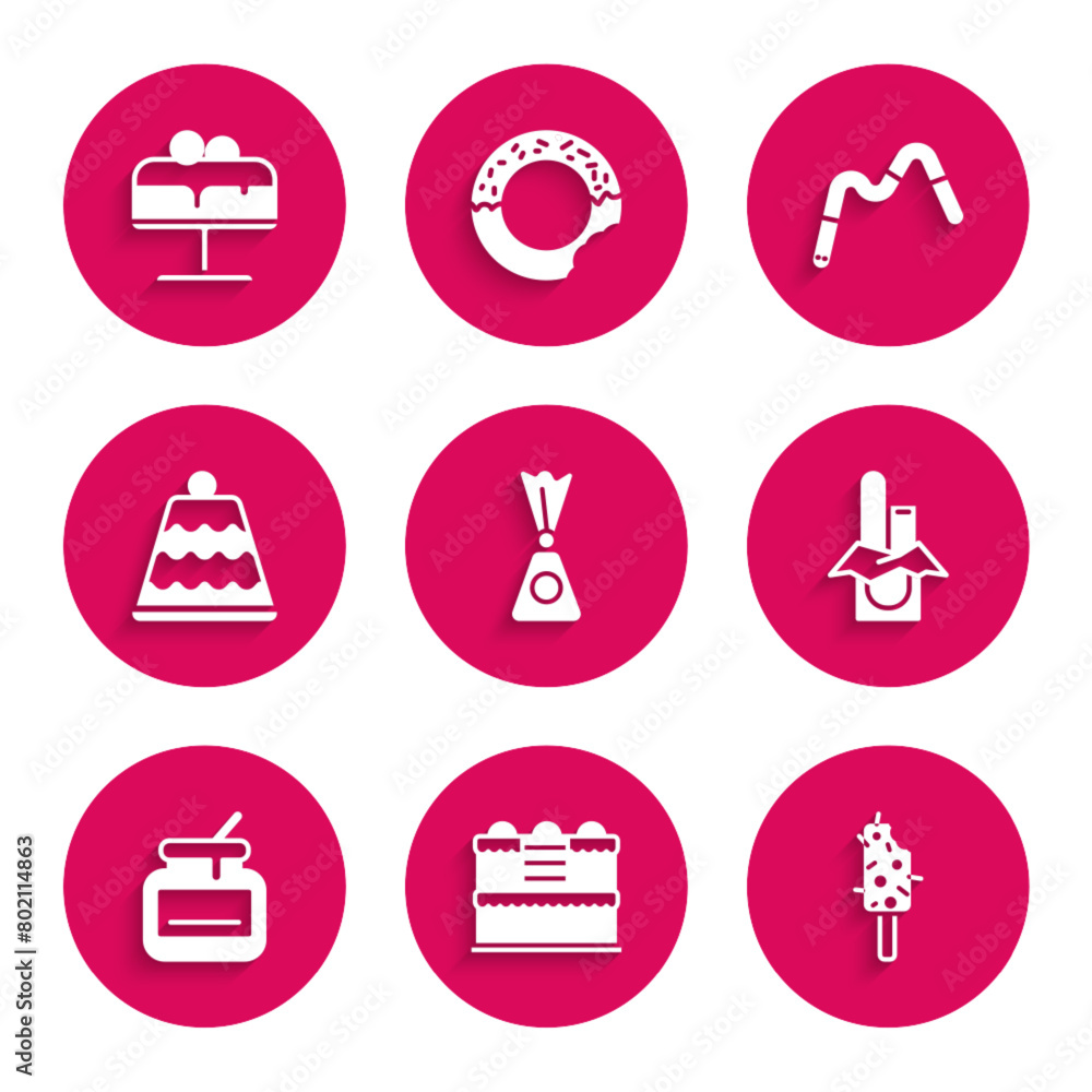 Set Candy, Cake, Ice cream, Chocolate bar, Jar of honey, Jelly worms candy and plate icon. Vector Set Candy, Cake, Ice cream, Chocolate bar, Jar of honey, Jelly worms candy and plate icon. Vector