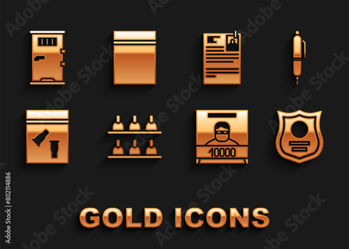 Set Jurors, Pen, Police badge, Wanted poster, Evidence bag and bullet, Lawsuit paper, Prison cell door and Plastic with ziplock icon. Vector
