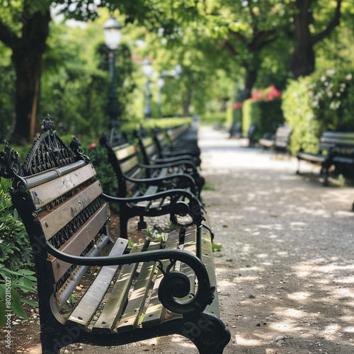 Check Out Rows of Garden Benches in a Park: Rest and Enjoy Nature © Sekai