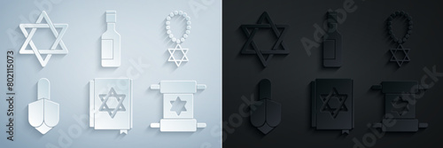 Set Jewish torah book, Star of David necklace on chain, Hanukkah dreidel, Torah scroll, wine bottle and icon. Vector