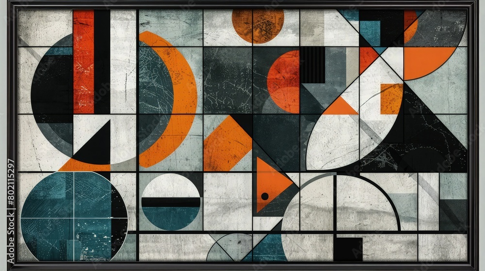 Fototapeta premium A vibrant grid of colorful geometric segments framed in black creates an engaging artistic backdrop for commercial marketing materials and digital presentations.